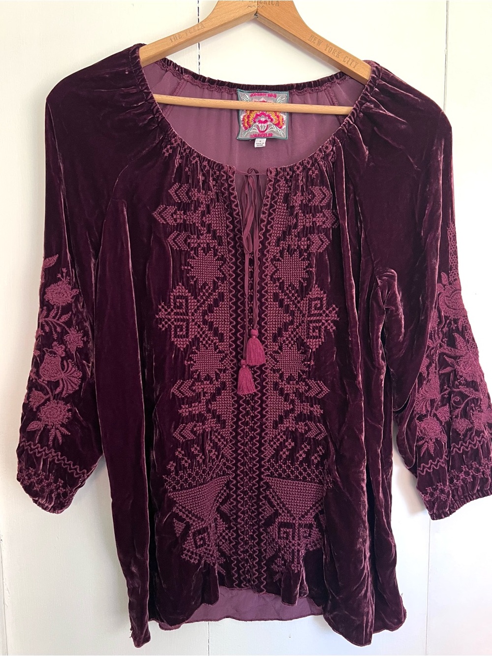 Johnny Was Daniella Burgundy Red Velvet Embroidered Peasant Blouse Top - Small